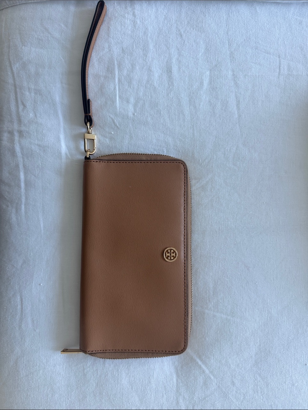 Tory Burch Tan Leather Zip Wristlet with Gold Logo